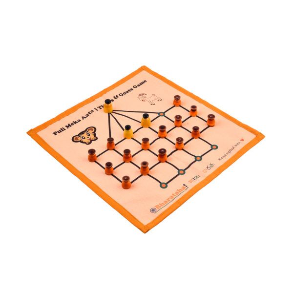 Puli Meka Game | The Lambs and Tigers Game | Digital Print on Orange Raw Silk - Image 2